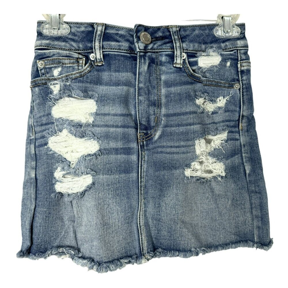 American Eagle Outfitters Distressed Denim Mini Skirt Front & Back Pockets Sz 0